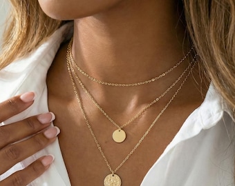 Ensemble de 3 colliers superposés délicats, collier disque, ensemble de plusieurs colliers ras de cou, bijoux minimalistes, cadeau personnalisé pour elle