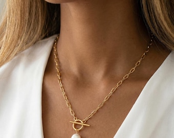 Collar de perla con cierre en T, collar dorado con palanca para mujer, joyería minimalista para dama de honor, regalo perfecto para ella, regalo de aniversario