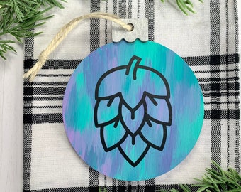 Hop Cone - Wooden Ornament - teal, lavender, purple, silver - Craft Beer Lover - Christmas - Watercolor - Abstract