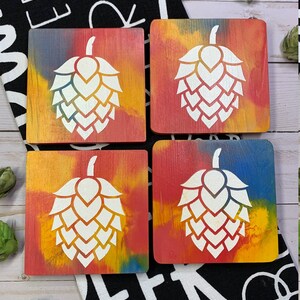 Watercolor &quot;Agnus&quot; wooden hop coasters - Set of 4 - READY TO SHIP - Craft beer Lover