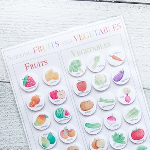 May include: A colorful educational chart with images of fruits and vegetables. The chart is divided into two sections, one for fruits and one for vegetables. Each section has a title and a list of fruits or vegetables with their names written below each image. The fruits include strawberry, lemon, orange, apple, mango, pear, pineapple, banana, watermelon, kiwi, and peach. The vegetables include carrot, celery, kale, cauliflower, eggplant, beet, potato, green beans, cucumber, turnip, lettuce, onion, spinach, tomato, parsnip, and broccoli.