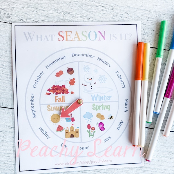 Four Seasons Printable Wheel Circle Learning Time, Preschool, Homeschool, Educational, Summer Fall Autumn Winter Spring, Teach, 4 Seasons