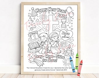 New Years Coloring Page with Bible Verse, Sunday School Coloring, Children New Years Coloring Page