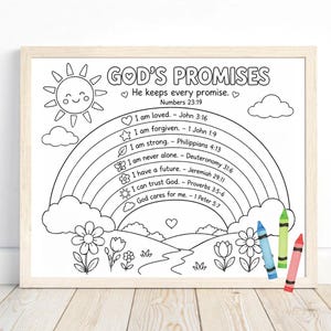 Può includere: Una pagina da colorare in bianco e nero intitolata GOD'S PROMISES con un arcobaleno che presenta sette righe di testo e riferimenti biblici, un sole sorridente, nuvole e fiori. Tre pastelli blu, verdi e rossi sono appoggiati sulla cornice.