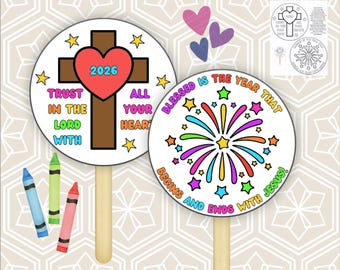 New Years Jesus Coloring Fan, Coloring Craft, Children New Years Coloring Fan Activity, Jesus New Years Fan