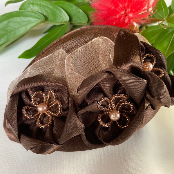 Woman's Floral Kippah - Fascinator - Brown - Head Covering - Ribbon Flower She•ppah - Handmade Sheppah