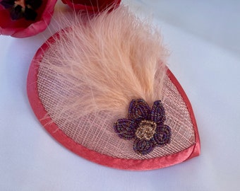 SizeOKan's Kip - Fascinator - Coral, Peach, Salmon - Feather, Beaded Flower - Yarmulke for Women - Head Covering - Floral She•ppah - Sheppah