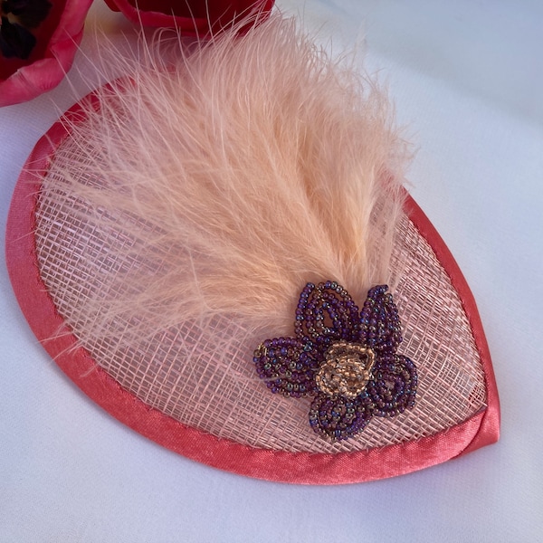 SizeOKan's Kip - Fascinator - Coral, Peach, Salmon - Feather, Beaded Flower - Yarmulke for Women - Head Covering - Floral She•ppah - Sheppah