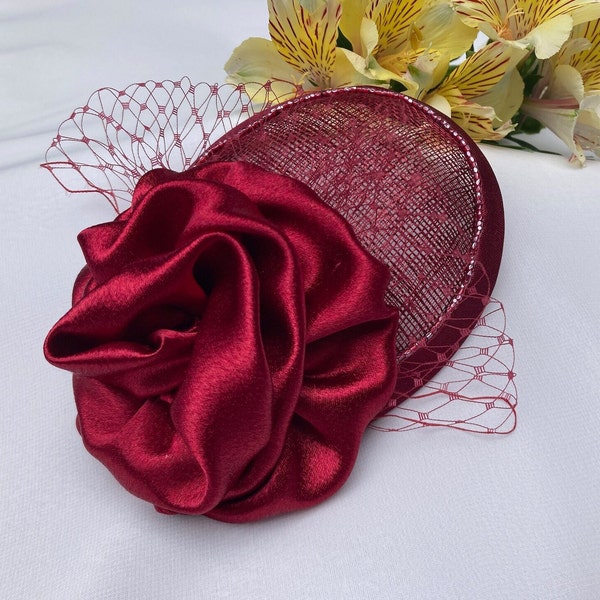 Woman's Kippah - Fascinator - Maroon, Burgundy, Wine - Silky Rosette with Veiling - Head Covering - She•ppah - Sheppah