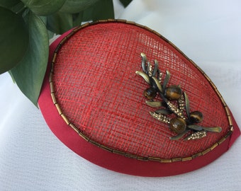 Womens Kippah - Yarmulke for Women - Jewish Head Covering - Fascinator - She•ppah - Red, Gold, Tiger's Eye - Leaf Hair Accessories