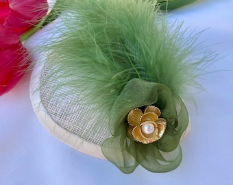 Woman's Kippah - Fascinator - Green, Olive, Ivory, Cream - Feather - Yarmulke for Women - Head Covering - She•ppah - Sheppah