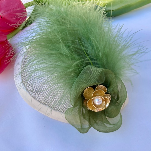 Woman's Kippah - Fascinator - Green, Olive, Ivory, Cream - Feather - Yarmulke for Women - Head Covering - She•ppah - Sheppah