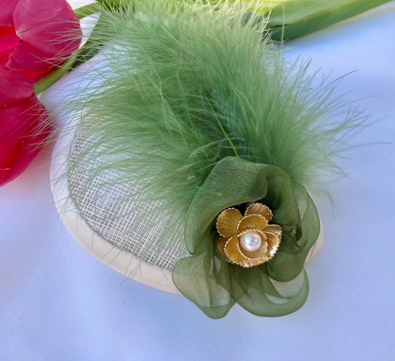 Woman's Kippah Fascinator Green, Olive, Ivory, Cream Feather Yarmulke for Women Head Covering Sheppah Sheppah image 1