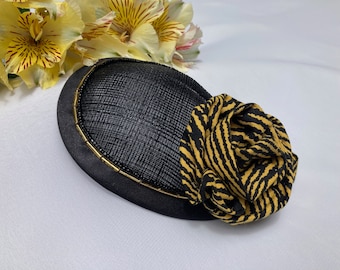 Woman's Animal Print Kippah - Tiger Fascinator - Black, Yellow Gold Rosette- Yarmulke for Women - Head Covering - She•ppah - Sheppah