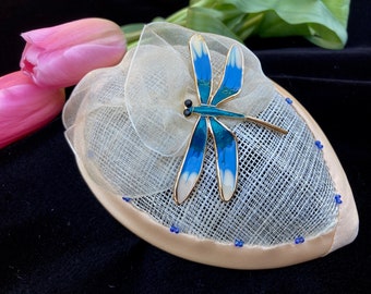 Woman's Dragonfly Kippah - Fascinator - Blue, Ivory, Cream - Bug Yarmulke for Women - Dragon Fly Head Covering - She•ppah - Sheppah