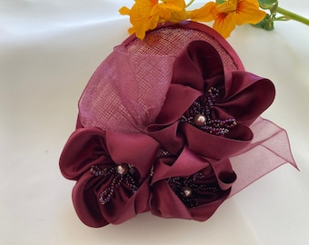 Woman's Kippah - Fascinator - Maroon, Burgundy, Wine - Satin Ribbon Flower - Yarmulke for Women - Head Covering - Floral She•ppah - Sheppah