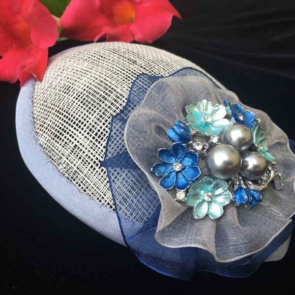 Woman's Kippah - Fascinator - Blue, Gray - Yarmulke for Women - Head Covering - Floral - She•ppah