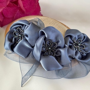 Woman&#39;s Kippah - Fascinator - Dusty Blue, Steel Blue, Ivory - Yarmulke for Women - Ribbon Flower - Handmade - Head Covering - She•ppah