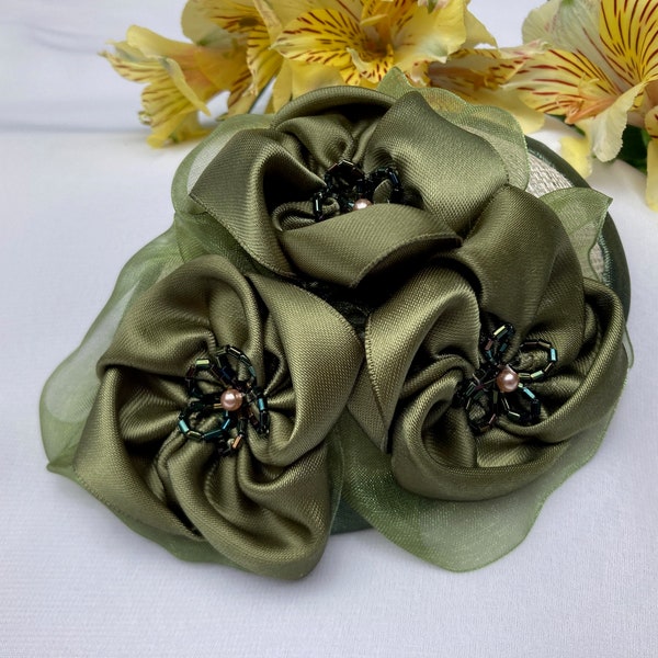 Woman's Kippah - Fascinator - Olive Green - Ribbon Flower - Head Covering - She•ppah - Sheppah