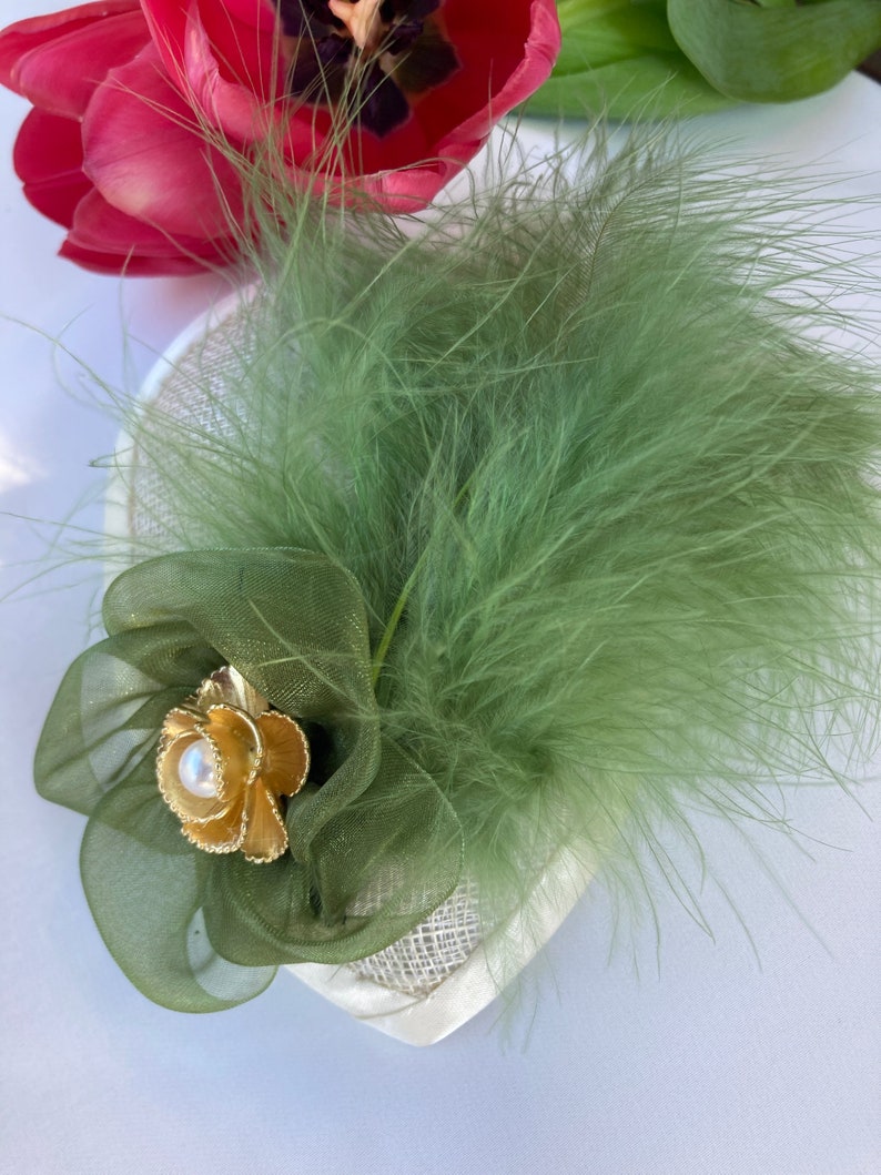 Woman's Kippah Fascinator Green, Olive, Ivory, Cream Feather Yarmulke for Women Head Covering Sheppah Sheppah image 3