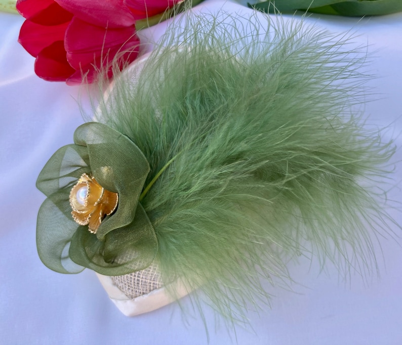 Woman's Kippah Fascinator Green, Olive, Ivory, Cream Feather Yarmulke for Women Head Covering Sheppah Sheppah image 2