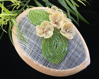 Floral Woman's Kippah - Fascinator - Yarmulke for Women - Head Covering - Ivory, Cream - Beaded Flower - French Wire - She•ppah - Sheppah