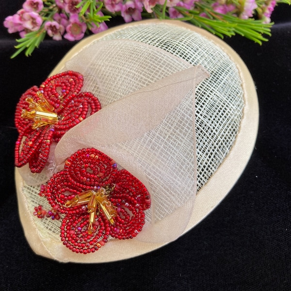 Woman's Kippah - Fascinator - Red, Ivory, Cream - French Bead Flowers - Yarmulke for Women - Head Covering - Floral She•ppah -Beaded Sheppah