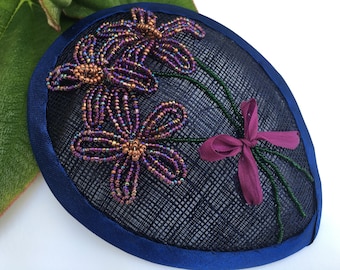 Floral Woman's Kippah - Fascinator - Yarmulke for Women - She•ppah - Head Covering - Lavender, Purple, Pink, Navy Blue - Hand Beaded Flowers