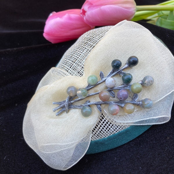 Woman's Kippah - Fascinator - Green, Ivory, Cream - Leaf, Branch, Botanical, Nature - Colored Stones - She•ppah - Sheppah