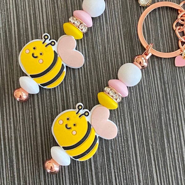 Bee Silicone Beaded Keychain, Dangle Charm, Clasped Accessory, Sparkle and Shine, Planner Pretties