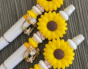 Bee Sunny Flower Silicone Beaded Pen, Dangle Charm, Black Ink, Year Round Exquisite Pens, Sparkle and Shine, Planner Pretties