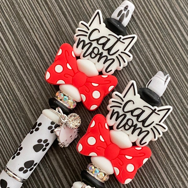 Feline Mom Silicone Beaded Pen, Dangle Charm, Black Ink, Year Round Exquisite Pens, Sparkle and Shine, Planner Pretties