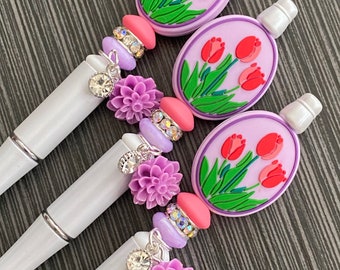 Spring Flowers Silicone Beaded Pen, Dangle Charm, Black Ink, Year Round Exquisite Pens, Sparkle and Shine, Planner Pretties