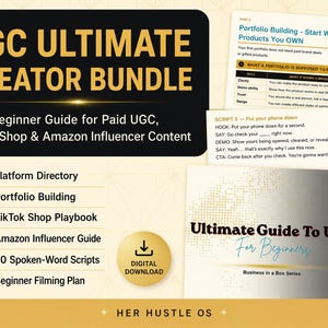 May include: A digital UGC Ultimate Creator Bundle with a beginner's guide for paid UGC, TikTok Shop, and Amazon Influencer content. Includes a platform directory, portfolio building, TikTok Shop playbook, Amazon influencer guide, 20 spoken-word scripts, and a beginner filming plan.