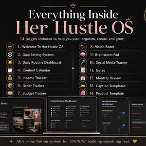 Könnte beinhalten: Ein digitaler Planer namens "Everything Inside Her Hustle OS" mit 14 Seiten zum Planen, Organisieren und Wachsen. Das Bild zeigt einen Laptop, ein Tablet und ein Telefon, die die Funktionen des Planers anzeigen, darunter ein Vision Board und ein tägliches Routine-Dashboard. Der Text lautet "All-in-one Notion system for women building something real."