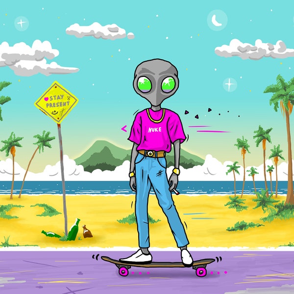 Der Tourist, Alien, digitales Kunstwerk 90er Cartoon Illustration, digitaler Download, A4