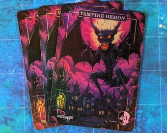 May include: Four trading cards featuring a vampire demon with red eyes and sharp teeth. The demon is depicted in a dark, gothic setting with a full moon in the background. The card reads "Vampire Demon".