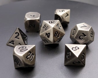 Antique Silver Metal Polyhedral Dice - D&D Dice - TTRPG Dice - Metal Dice