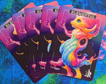 May include: Five playing cards with a colorful, abstract, creature design. The card on top reads "ELEMENTAL".