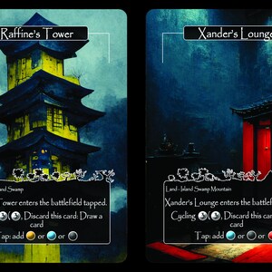 Puede incluir: Dos cartas de Magic: The Gathering, Raffine's Tower y Xander's Lounge. Ambas cartas son tierras con una habilidad de ciclismo. Raffine's Tower es una llanura, una isla y un pantano. Xander's Lounge es una isla, un pantano y una monta&ntilde;a.