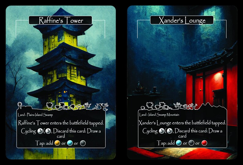 Puede incluir: Dos cartas de Magic: The Gathering, Raffine's Tower y Xander's Lounge. Ambas cartas son tierras con una habilidad de ciclismo. Raffine's Tower es una llanura, una isla y un pantano. Xander's Lounge es una isla, un pantano y una monta&ntilde;a.