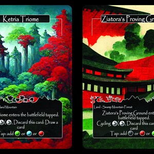 Puede incluir: Dos cartas de Magic: The Gathering, Ketria Triome y Ziatora's Proving Ground, con paisajes coloridos y texto que describe sus habilidades. Ambas cartas son tierras que pueden producir varios colores de man&aacute;.
