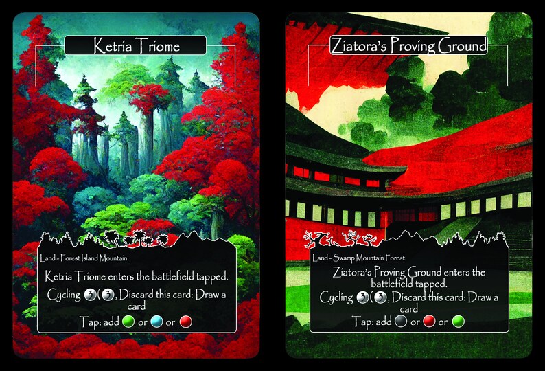 Puede incluir: Dos cartas de Magic: The Gathering, Ketria Triome y Ziatora's Proving Ground, con paisajes coloridos y texto que describe sus habilidades. Ambas cartas son tierras que pueden producir varios colores de man&aacute;.