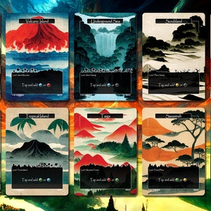 K&ouml;nnte beinhalten: Zehn Landschaftskarten mit verschiedenen Umgebungen, darunter eine Vulkaninsel und eine Tundra. Jede Karte hat eine einzigartige Illustration und den Text "Tap and add". Die Karten haben einen schwarzen Rand und einen stilisierten Kunststil.
