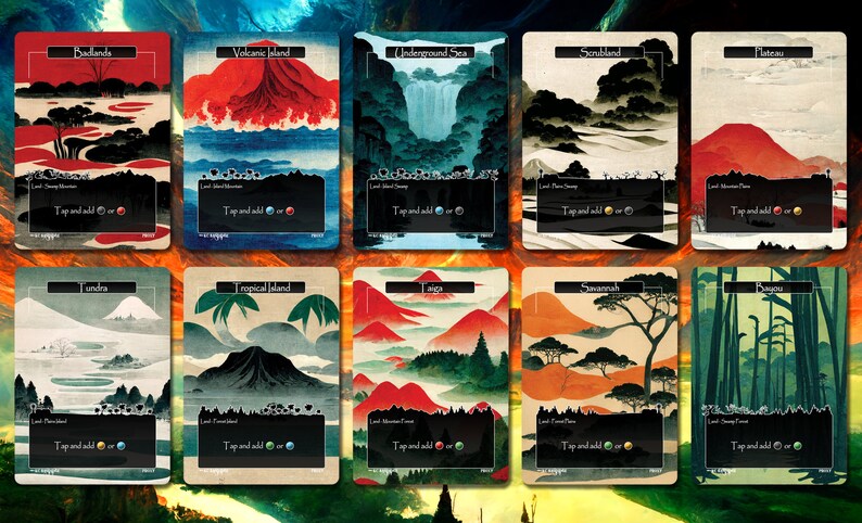 K&ouml;nnte beinhalten: Zehn Landschaftskarten mit verschiedenen Umgebungen, darunter eine Vulkaninsel und eine Tundra. Jede Karte hat eine einzigartige Illustration und den Text "Tap and add". Die Karten haben einen schwarzen Rand und einen stilisierten Kunststil.