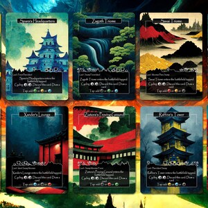 Puede incluir: Diez cartas ilustradas con un tema japon&eacute;s. Cada carta presenta una escena de paisaje diferente con un edificio o estructura en primer plano. Las cartas son todas de un estilo similar, con un borde negro y texto blanco. El texto en cada carta incluye el nombre de la ubicaci&oacute;n, el tipo de carta y las habilidades de la carta.