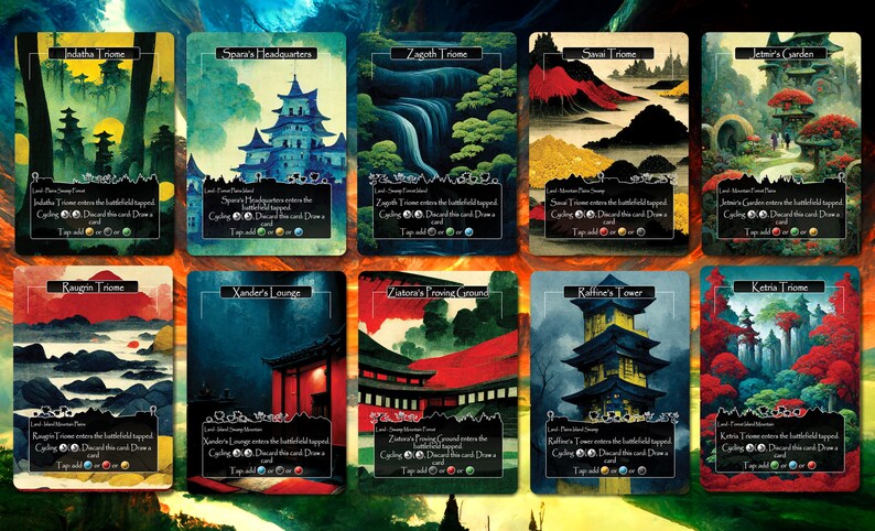 Puede incluir: Diez cartas ilustradas con un tema japon&eacute;s. Cada carta presenta una escena de paisaje diferente con un edificio o estructura en primer plano. Las cartas son todas de un estilo similar, con un borde negro y texto blanco. El texto en cada carta incluye el nombre de la ubicaci&oacute;n, el tipo de carta y las habilidades de la carta.