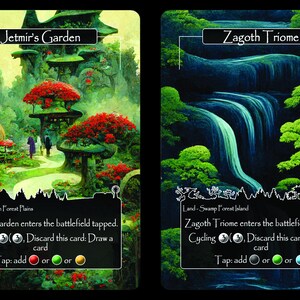 Puede incluir: Dos cartas de Magic: The Gathering, Jetmir's Garden y Zagoth Triome. Ambas cartas son tierras con s&iacute;mbolos de man&aacute; verde, rojo y azul. Jetmir's Garden es una tierra Monta&ntilde;a, Bosque y Llanura. Zagoth Triome es una tierra Pantano, Bosque e Isla.
