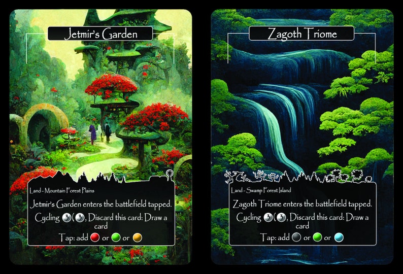 Puede incluir: Dos cartas de Magic: The Gathering, Jetmir's Garden y Zagoth Triome. Ambas cartas son tierras con s&iacute;mbolos de man&aacute; verde, rojo y azul. Jetmir's Garden es una tierra Monta&ntilde;a, Bosque y Llanura. Zagoth Triome es una tierra Pantano, Bosque e Isla.
