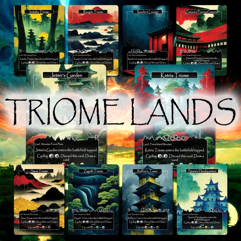Puede incluir: Un conjunto de diez cartas ilustradas que representan diferentes paisajes con un tema japon&eacute;s. Cada carta tiene un nombre &uacute;nico y una descripci&oacute;n de sus habilidades. Las cartas forman parte de un juego llamado "Triome Lands".